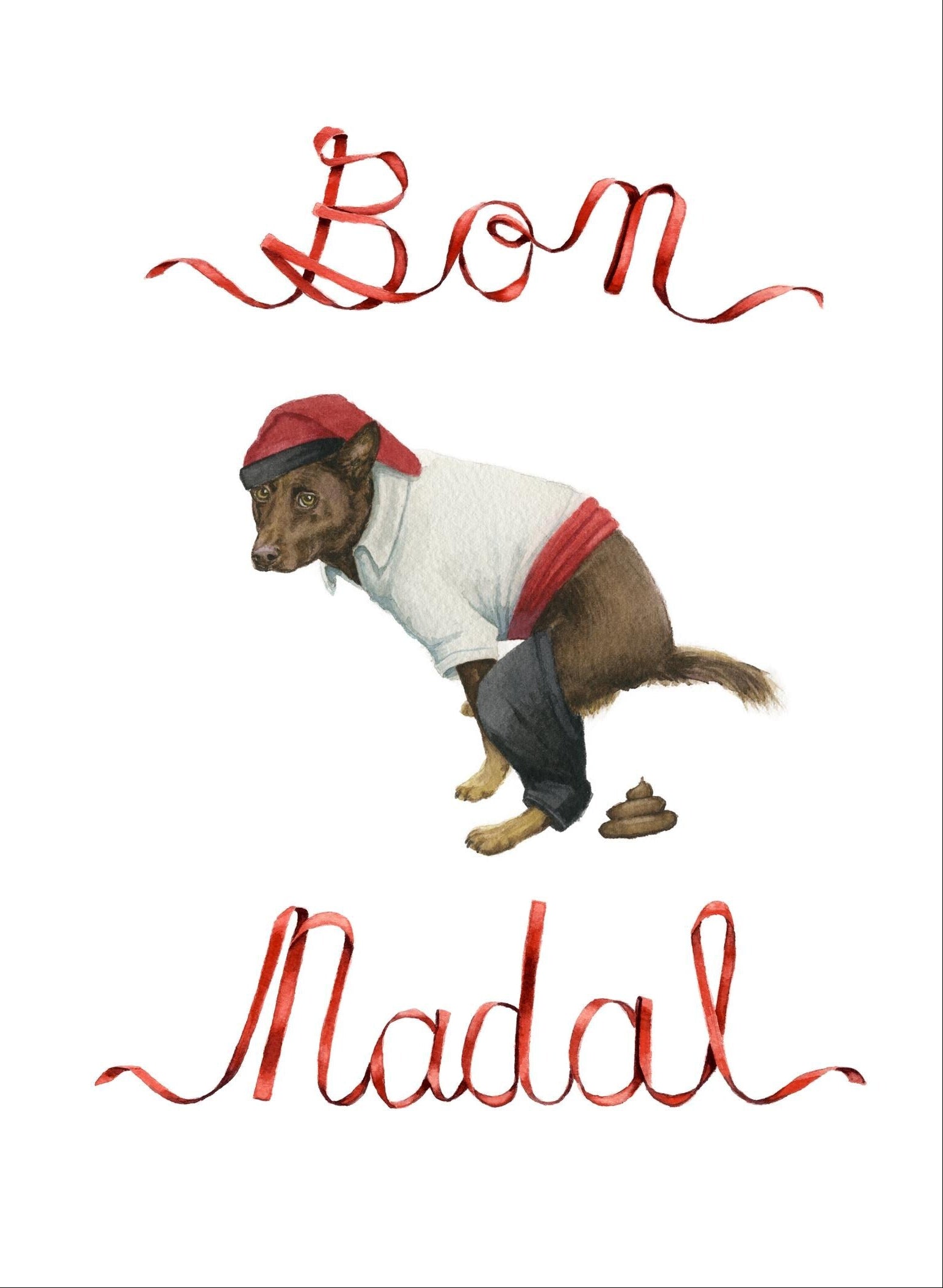 Illustration of a dog pooping wearing a red and white traditional catalan farmer outfit with a ribbon spelling the text 'Bon Nadal' on a white background