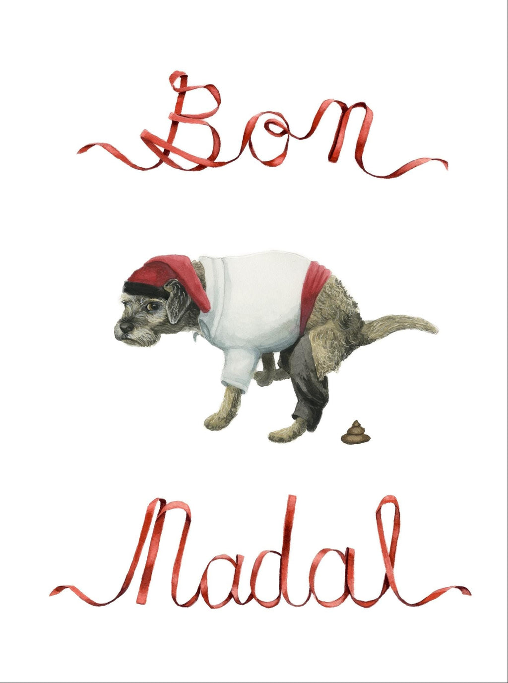 handpainted watercolor illustration of a border terrier dog pooping wearing a traditional catalan farmers outfit in the style of a caganer. above and below it is the text "Bon Nadal" written in ribbon